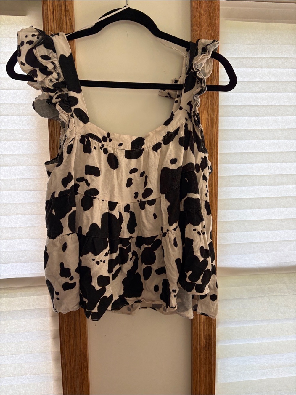 Ami Black and White Cow Print Ruffle Strap Camisole